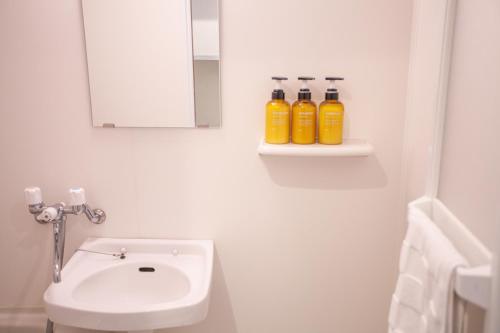 a white bathroom with a sink and a mirror at Ustay Kitakoiwa in Tokyo