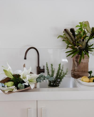 a kitchen counter with potted plants and a sink at Le Viti Barn in Newrybar