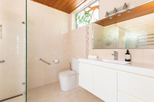a bathroom with a toilet and a sink and a shower at Coastal Cove in Smiths Lake