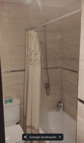 a bathroom with a shower curtain and a toilet at Monoambiente con amenities Y MAS in Buenos Aires