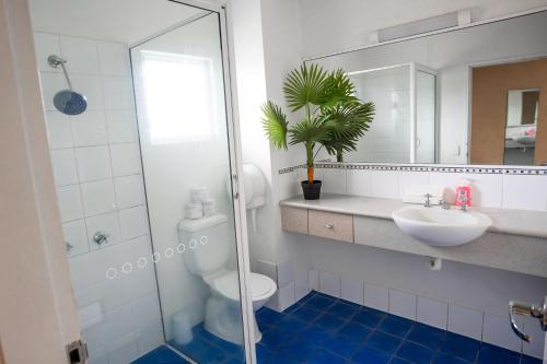 een badkamer met een toilet, een wastafel en een douche bij Bounce Cairns in Cairns