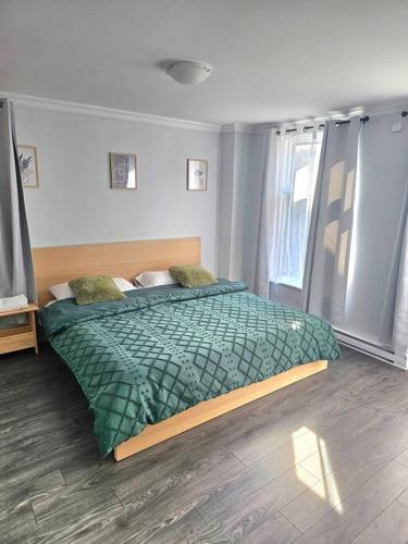 a bedroom with a bed with a green comforter at Spacieux Appartement de 3 Chambres downtown in Montréal