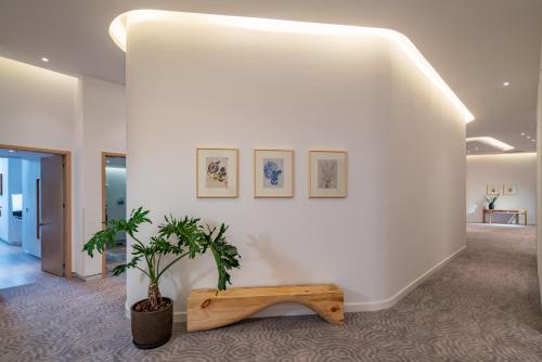 a white hallway with a bench and a plant at Wuyu Hotel - Chongqing Liangjiang Happiness Plaza & Xingfu Square & GuangdianYuan metro in Chongqing