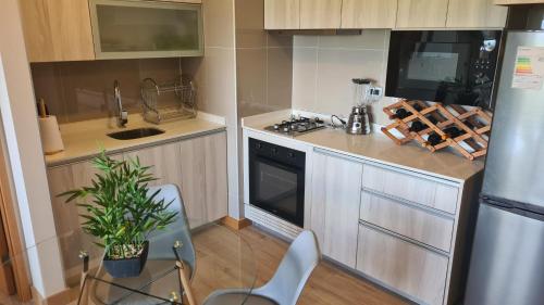 a small kitchen with a sink and a refrigerator at Departamento Avenida Las Rastras Talca in Talca