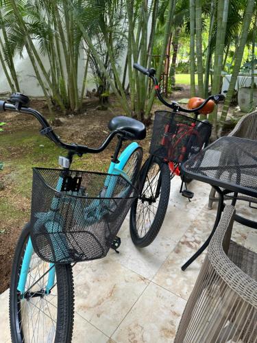 two bikes are parked next to a bench at Lovely 1 Bedroom Condo with plunge pool In Bahia Principe Golf Resort in Akumal