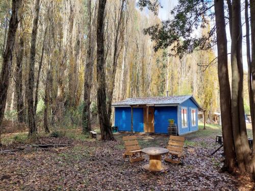a blue cabin in the woods with a picnic table and chairs at Cabaña 4 a 5 Pers Los Ángeles in San Carlos de Purén