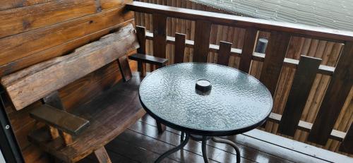 an overhead view of a table and chairs on a balcony at Jimei Homestay in Jian