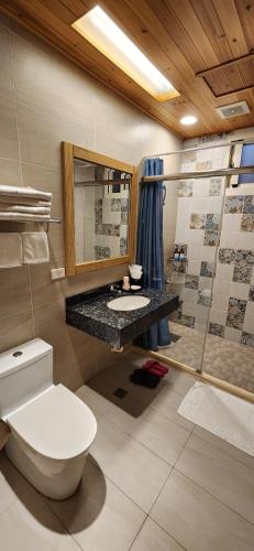 a bathroom with a toilet and a sink and a mirror at Jimei Homestay in Jian