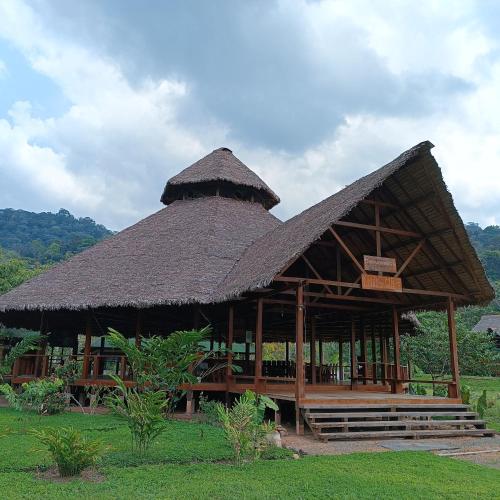 a large hut with a straw roof on a field at Kotsimba Lodge in Puerto Leguía