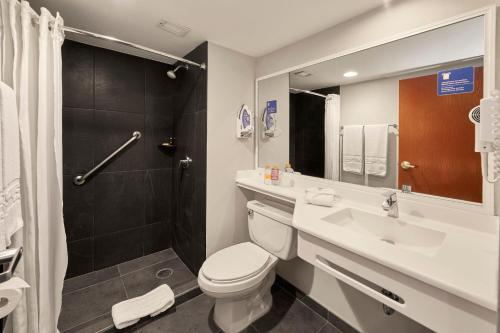 y baño con aseo, lavabo y ducha. en City Express Plus by Marriott Insurgentes Sur, en Ciudad de México