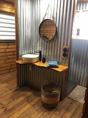 ein Badezimmer mit einem Waschbecken und einem Spiegel auf der Theke in der Unterkunft Kaz Laverdure in Saint-Denis