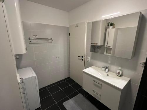 een witte badkamer met een wastafel en een toilet bij AAA FeWo Bad Gastein/Böckstein in Bad Gastein