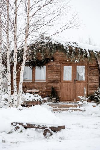 a log cabin with snow on the roof at Ambercoast in Jūrmala