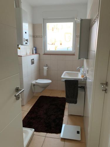 a bathroom with a toilet and a sink and a window at Entspannung am Niederrhein - großes helles Haus mit Kamin in Emmerich