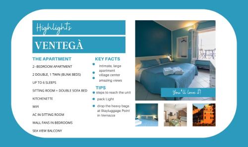 ヴェルナッツァにあるVentegà Sea View Apartmentの青いベッドルームが備わる客室のチラシを用意しています。