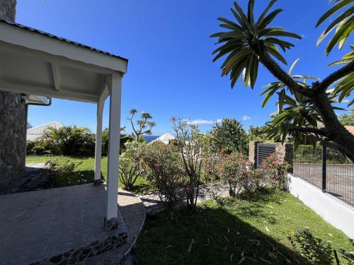 uitzicht op een veranda van een huis met een palmboom bij Mira's Hacienda in Saint-Pierre