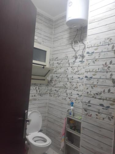 a bathroom with a toilet and a flock of fish on the wall at Kazpilkna Beach Neighborhoods in Hurghada