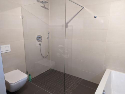 a bathroom with a shower with a toilet and a sink at High-End Modern 2 Bed w. Garage in Belair in Luxembourg