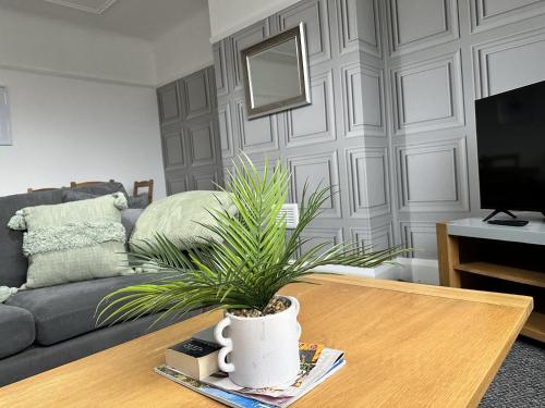 a living room with a plant on a coffee table at Charming Apartment Near Broad Green Hospital in Liverpool