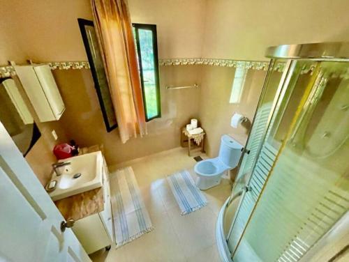 a bathroom with a shower and a toilet and a sink at Samal Island Garden Villa - Spacious 3BR, AC, Wi-Fi, Indoor-Outdoor Kitchens in Caliclic