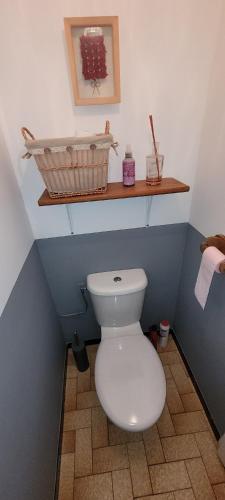 a bathroom with a toilet with a basket on the wall at Gîte Xuritenborda 7 personnes avec vue exceptionnelle sur les montagnes basque, Lits 180 King Size in Ossès