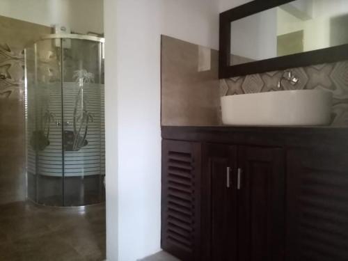 een badkamer met een wastafel en een douche met een spiegel bij Villa Conch by Om - Private House - Hikkaduwa in Hikkaduwa