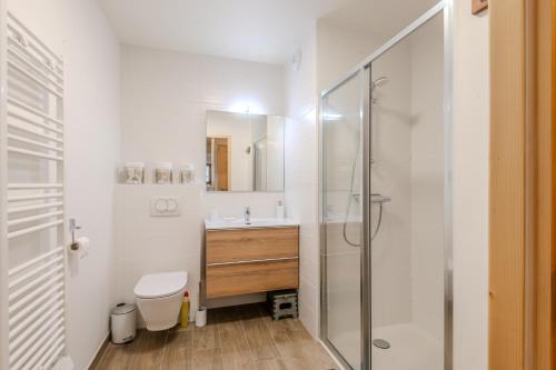 uma casa de banho com um chuveiro, um lavatório e um WC. em Le Rondin Des Bois - Dans une station familiale em Saint-Jean-dʼAulps