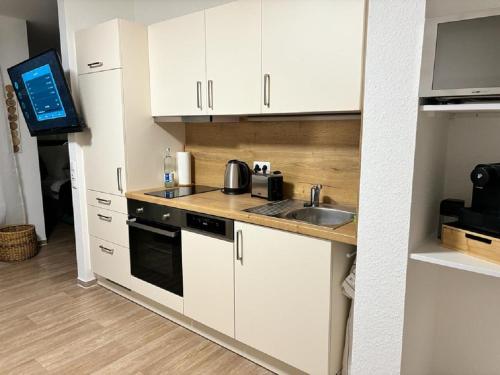 eine Küche mit weißen Schränken, einem Waschbecken und einem TV in der Unterkunft Charming Homes - Studio 20 in Wolfsburg