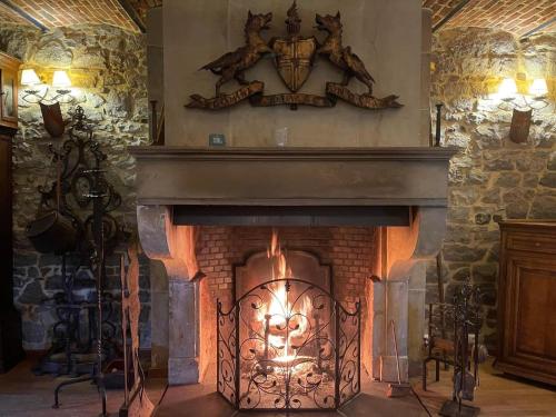 a fireplace in a room with a stone wall at Les Confidences de Messire Sanglier, stylished guest houses in Beauraing
