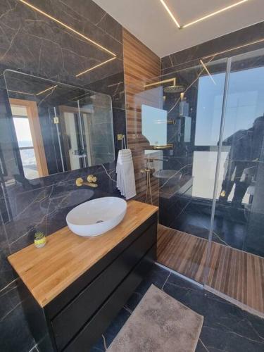 a bathroom with a sink and a glass shower at JTower Royal Suites - The Penthouse - Alefimmoed in Jerusalem