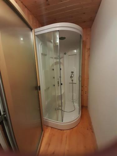 a glass shower in a room with a wooden floor at Vilele Birta in Văliug