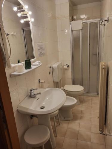 y baño con 2 aseos, lavamanos y ducha. en Albergo Meuble Tarandan, en Forni di Sopra