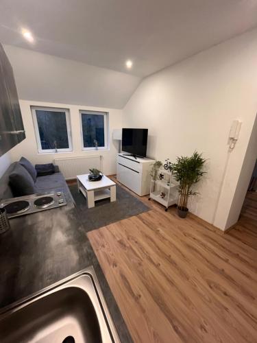 een woonkamer met een bank en een flatscreen-tv bij Apartment Södderich 2 in Waake