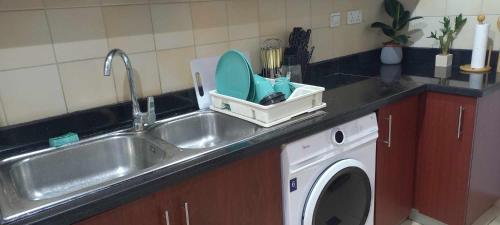 a kitchen sink with a washing machine in it at JBR Beach Synergy Inn in Dubai