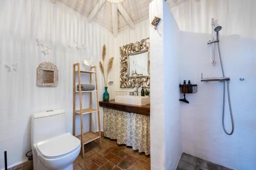 a bathroom with a toilet and a sink and a mirror at Casa dos Cantoneiros in Aljezur