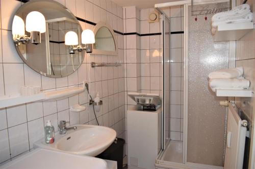 a bathroom with a sink and a mirror and a shower at Auszeit unter Reet in Bordelum