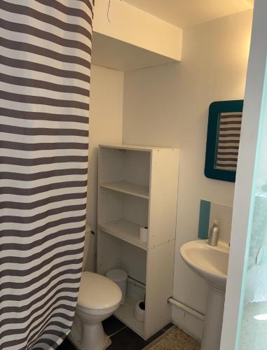 une salle de bain avec toilettes et lavabo dans l'établissement Studio Chambre voutée en Provence, à La Bastidonne