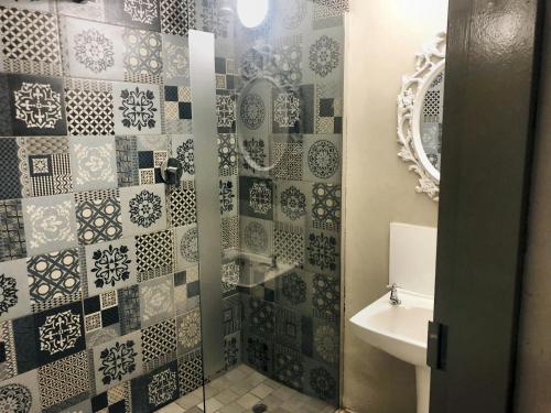 uma casa de banho com um chuveiro, um lavatório e um espelho. em Elephant Springs Apartments em Bela-Bela