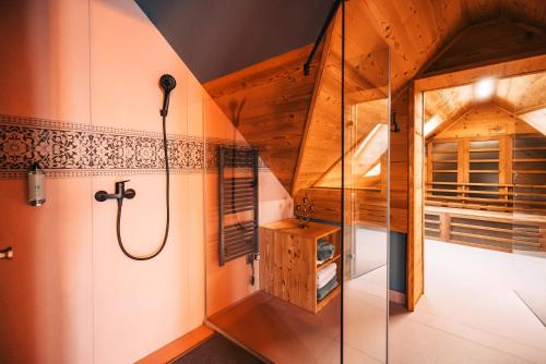 a bathroom with a shower and a glass shower stall at Posest Kunigunda in Šmartno v Rožni Dolini
