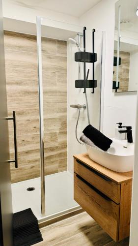 La salle de bains est pourvue d'un lavabo et d'une douche. dans l'établissement Le Cocon, à Embourg