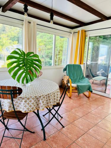 a room with a table and chairs and a plant at Ti Caz Marley - Bassin Manapany-Les-Bains in Saint-Joseph