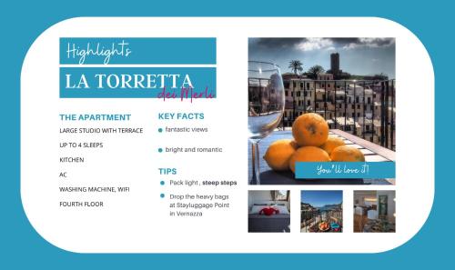 ein Flyer für ein Hotel mit Orangen und einem Weinglas in der Unterkunft La Torretta dei Merli with Views in Vernazza