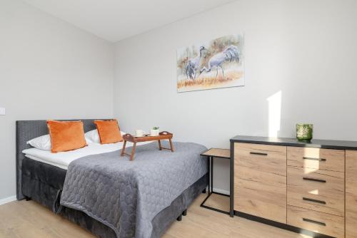 1 dormitorio con 1 cama y vestidor en Bright Apartment Park Lotników Near Tauron Arena Kraków by Renters, en Cracovia