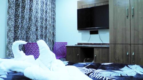 a living room with a bed and a tv at Hotel Jakhu Heights in Shimla