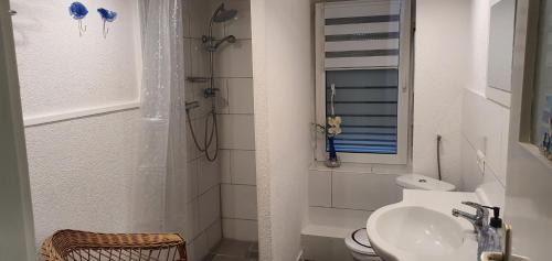La salle de bains est pourvue d'une douche, de toilettes et d'un lavabo. dans l'établissement "Zander 2", à Heringsdorf