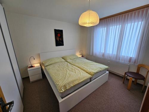 ein Schlafzimmer mit einem Bett und einer Hängeleuchte in der Unterkunft Chli Alpa A1 in Arosa