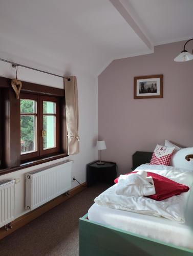 a bedroom with a bed and a window at Auersberg Haus in Eibenstock