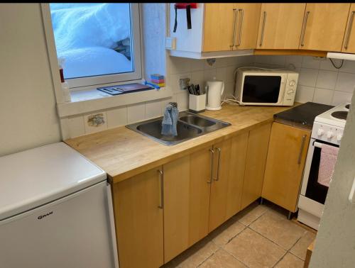 a small kitchen with a sink and a microwave at Leilighet med veldig sentral beliggenhet in Geilo