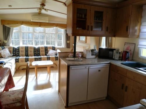 a kitchen with a counter top and a living room at Mobil home Vergnelibert in Chalais