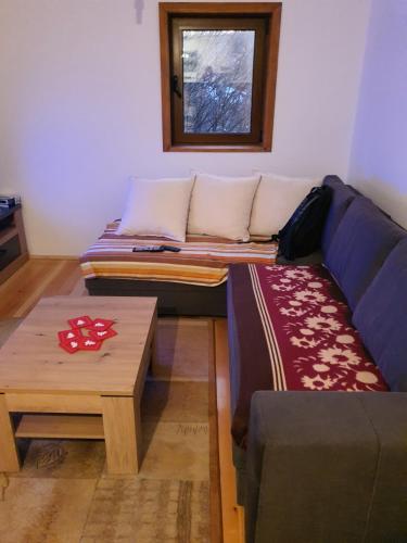 a couch and a table in a living room at Dzemper Cottage House in Mitrovac